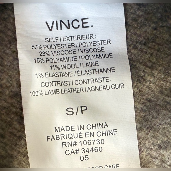 VINCE Lamb Leather Sleeves/Wool Blend Jacket Womens Size Sm Drape Front  EUC - Picture 5 of 5